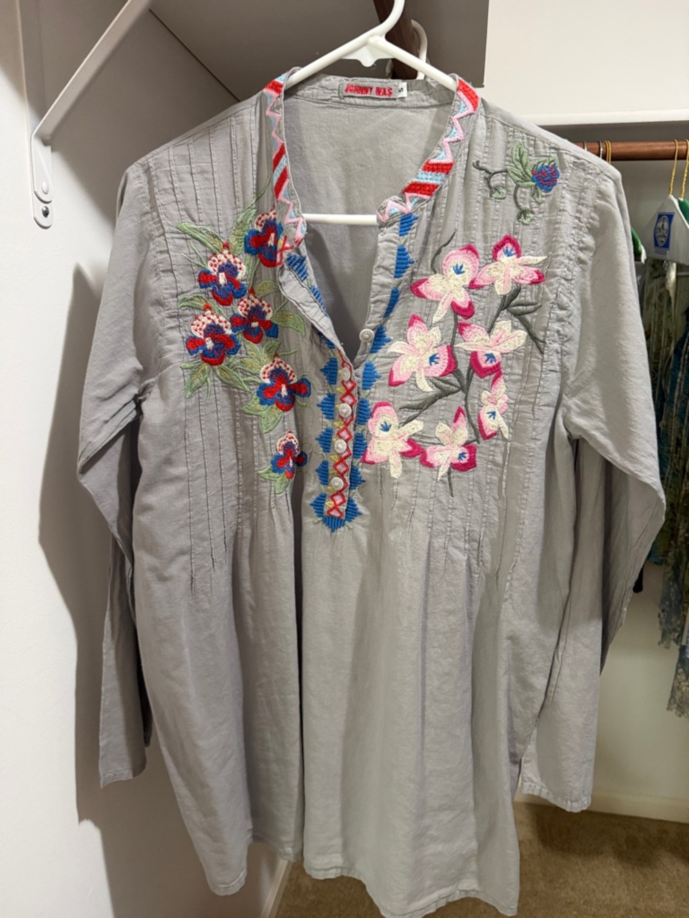 Johnny Was Gray Tunic with Pink & Blue Floral Embroidery